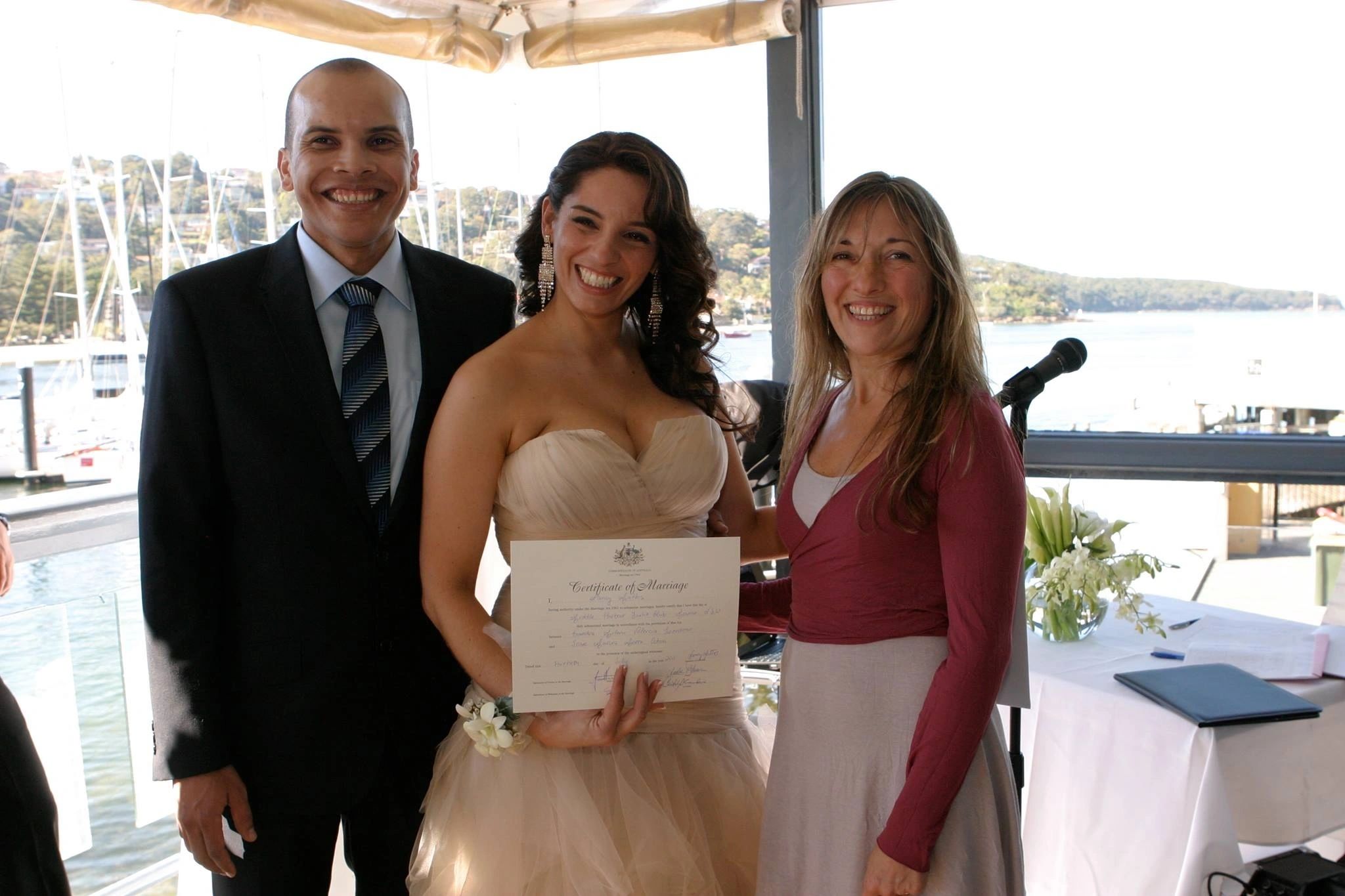wedding photo of beautiful Latino couple in venue middle harbour yacht club mosman